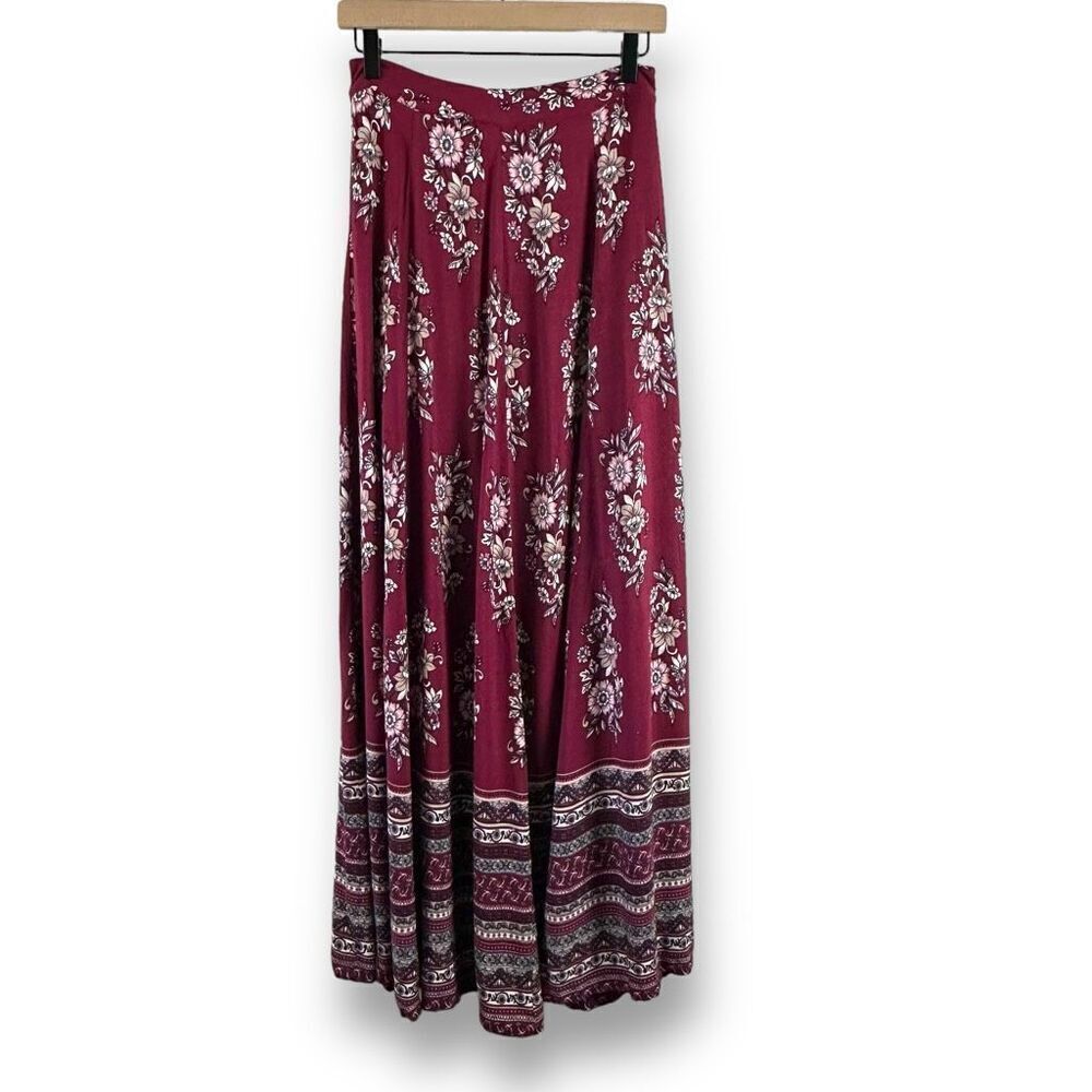 One The Land Women's‎ S Bohemian Paisley Pleated Maxi Skirt Maroon Black Hippie